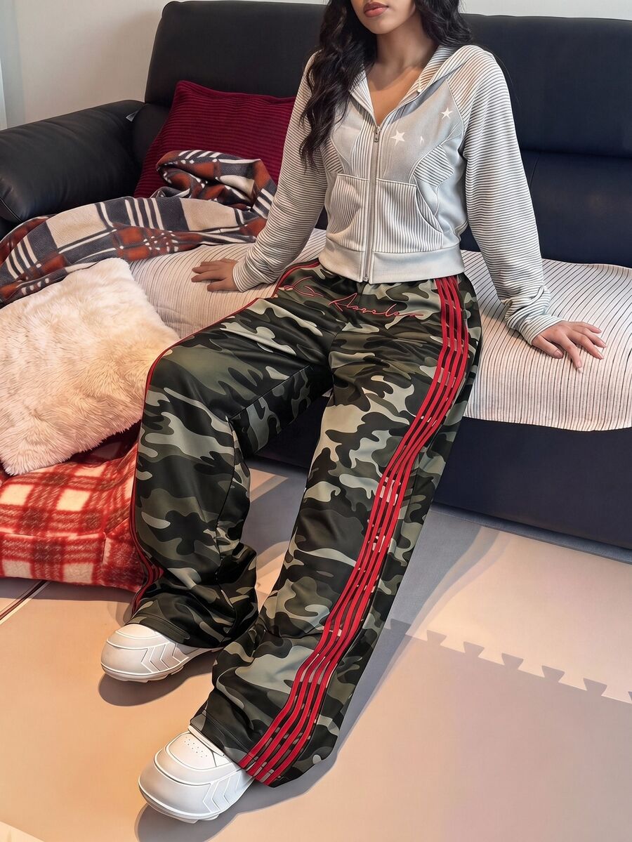 Girls' Camouflage Letter Street Style Patchwork Versatile Sports Casual Long Pants, Fall Back To School/School Clothes Fall Clothes - Army Green - View 1
