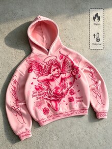 ROMWE MEN Street Life 2026秋冬新款男士中性大學風情侶休閒時尚連帽衛衣，獨特街頭風天使圖案設計套頭連帽上衣 - 粉色 - 查看 6