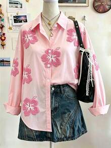 Resyla 女款花卉刺繡落肩長袖單排扣休閒襯衫 - 彩色 - 查看 5