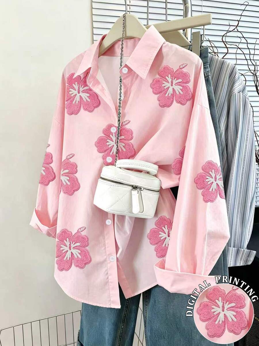Resyla 女款花卉刺繡落肩長袖單排扣休閒襯衫 - 彩色 - 查看 1