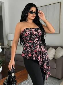 Vavine Floral Leaf Asymmetrical Hem Tube Top For Women - Multicolor - View 5
