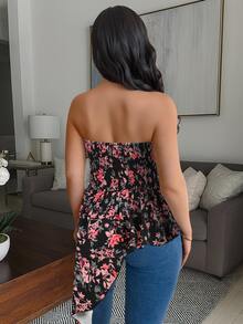 Vavine Floral Leaf Asymmetrical Hem Tube Top For Women - Multicolor - View 2
