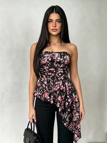 Vavine Floral Leaf Asymmetrical Hem Tube Top For Women - Multicolor - View 1