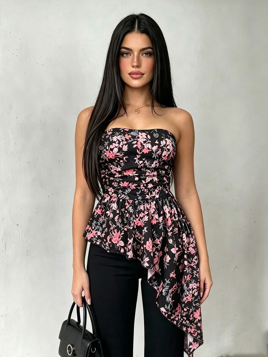 Vavine Floral Leaf Asymmetrical Hem Tube Top For Women - Multicolor - View 1