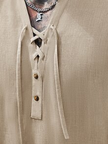 VENTUSAIL 男士純色仿亞麻紋理半鈕扣設計休閒度假長袖襯衫與長褲套裝 - 卡其色 - 查看 4