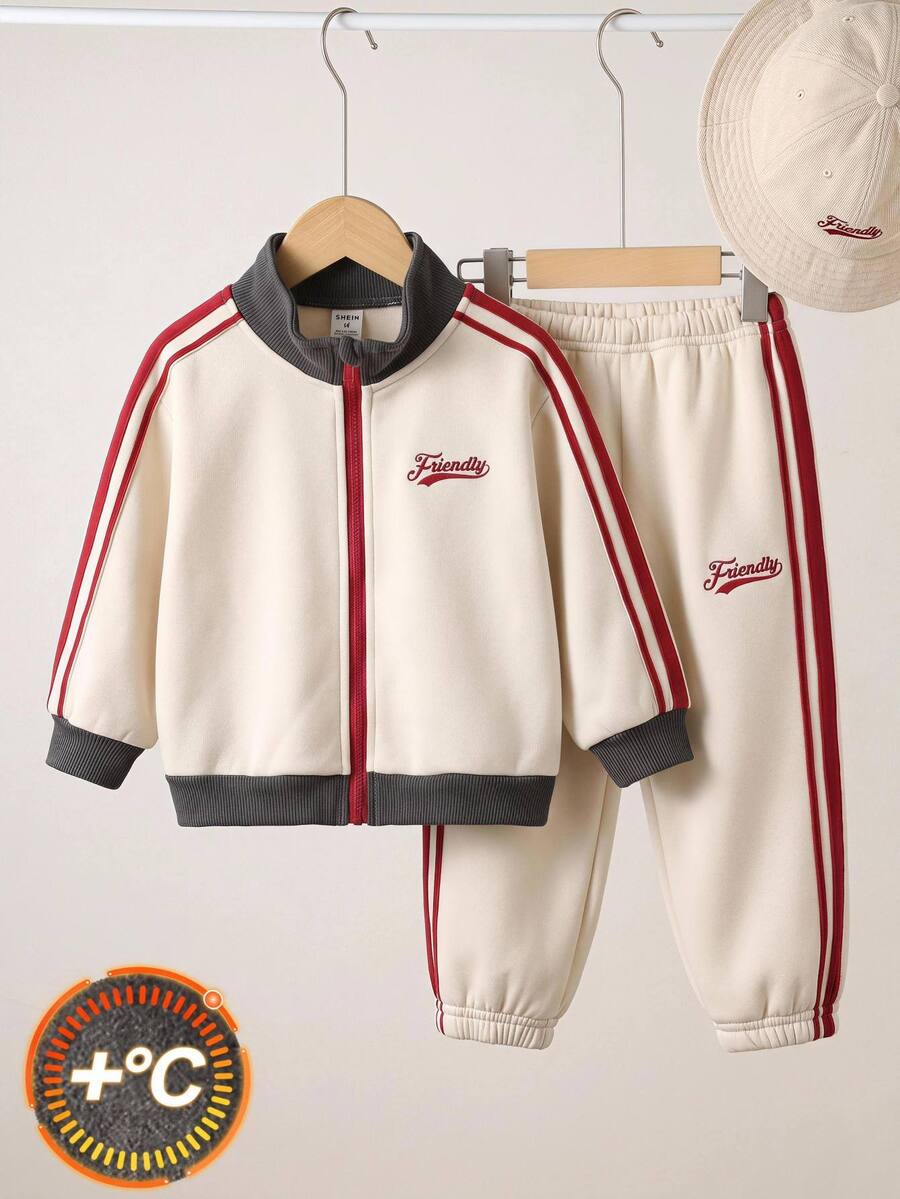 SHEIN 2pcs/Set Baby Boy Autumn/Winter Cute Colorblock Sporty Stand Collar Jacket & Pants Set, Infant Outfit, Autumn/Winter Set - Multicolor - View 1