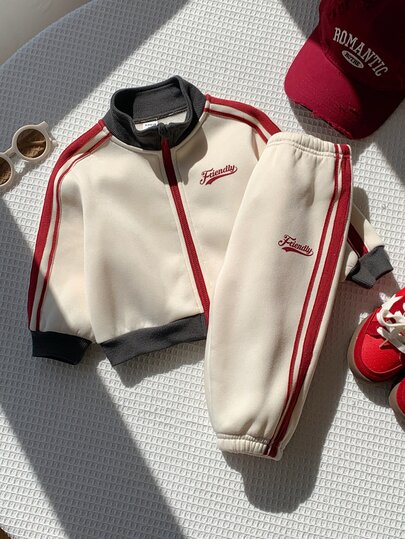 SHEIN 2pcs/Set Baby Boy Autumn/Winter Cute Colorblock Sporty Stand Collar Jacket & Pants Set, Infant Outfit, Autumn/Winter Set