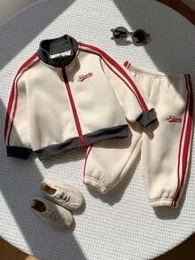 SHEIN 2件組男嬰秋冬可愛拼色運動風立領夾克外套與長褲套裝，嬰兒套裝，秋冬套裝 - 彩色 - 查看 4