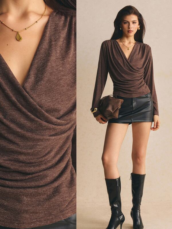 Poéselle Women's Chocolate Brown Draped Cowl-Neck Top–Ruched Long Sleeve Wrap Blouse For Date Night & Going Out Going Out Tops Brown Top Basic Top Fall/Winter