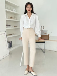 DAZY High Waist Straight Leg Trousers - Beige - View 5