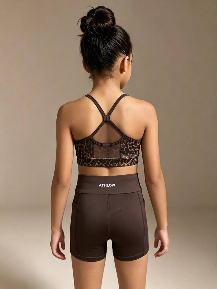 SHEIN Tween Girls Activewear 2 Piece Set Stylish Leopard Sports Bra Cross Back Mesh Splice High Waisted Athletic Biker Shorts With Pockets Yoga Suit - Brown - View 1