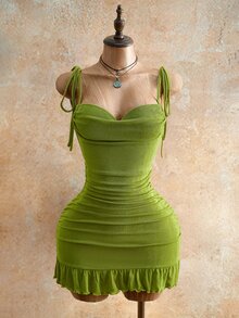 Femesol 女士性感抽绳迷你紧身连衣裙，夏季时尚绿色吊带迷你连衣裙，后背系带，适合派对之夜，女士夜店装扮，性感女士 - 橄欖綠 - 查看 3