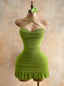 Femesol 女士性感抽绳迷你紧身连衣裙，夏季时尚绿色吊带迷你连衣裙，后背系带，适合派对之夜，女士夜店装扮，性感女士 - 橄欖綠 - 查看 5