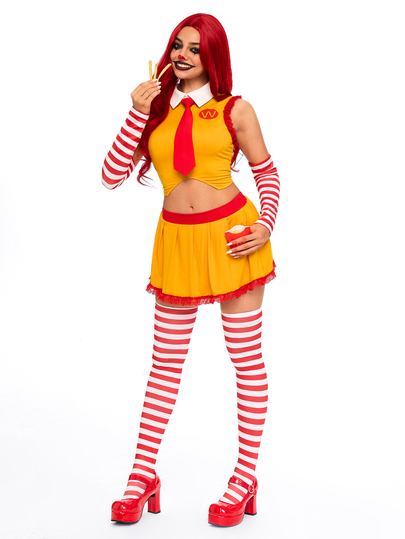 Anime Ensemble 2 pièces de cosplay McDonald's pour femme, clown Halloween mignon, ensemble 4 pièces rayé rouge & jaune, cravate, jupe & débardeur drôle pour farce