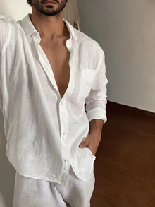 DAZY 白色紋理布料男士長袖襯衫 - 白色 - 查看 7
