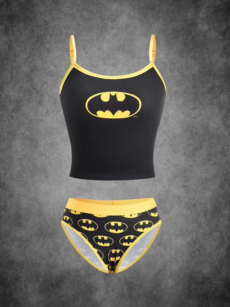 BATMAN X SHEIN 女款黑色舒適蝙蝠印花內衣內褲套裝 卡通內衣套裝 可愛內衣套裝 內褲與胸罩套裝 - 黑色 - 查看 5