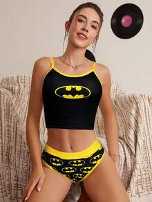 BATMAN X SHEIN Women Black Comfortable Bat Print Bra And Panty Lingerie Set Cartoon Underwear For Women Underwear Set Cute Underwear Set Panties And Bra Set - Black - View 4