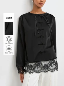 Atasan Wanita Lengan Panjang Leher Bulat Warna Hitam dengan Hiasan Renda Satin - Hitam - View 1