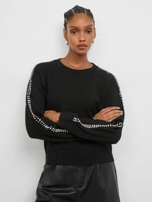 Maija Women's Rhinestone Decor Round Neck Long Sleeve Casual Sweater - Black - View 5