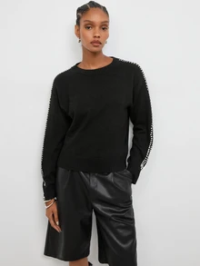 Maija Women's Rhinestone Decor Round Neck Long Sleeve Casual Sweater - Black - View 4
