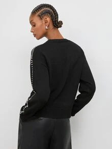 Maija Women's Rhinestone Decor Round Neck Long Sleeve Casual Sweater - Black - View 7