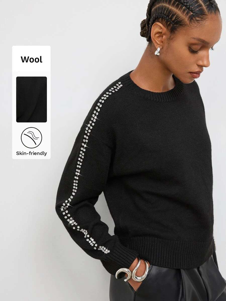 Maija Women's Rhinestone Decor Round Neck Long Sleeve Casual Sweater - Black - View 1