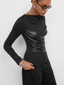 Maija Women's Solid Color Long Sleeve Ruched Fitted Fashion Top - Black - View 4