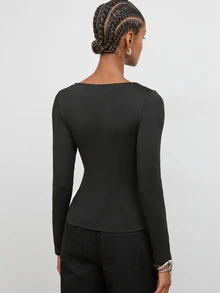 Maija Women's Solid Color Long Sleeve Ruched Fitted Fashion Top - Black - View 7