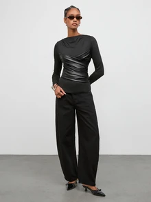 Maija Women's Solid Color Long Sleeve Ruched Fitted Fashion Top - Black - View 2