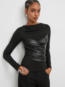 Maija Women's Solid Color Long Sleeve Ruched Fitted Fashion Top - Black - View 6