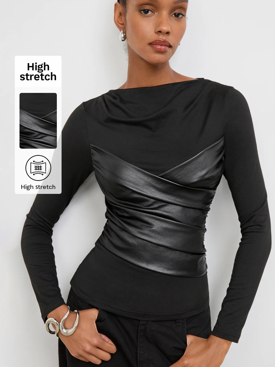 Maija Women's Solid Color Long Sleeve Ruched Fitted Fashion Top - Black - View 1