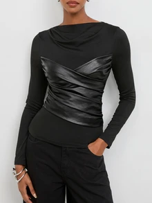 Maija Women's Solid Color Long Sleeve Ruched Fitted Fashion Top - Black - View 5