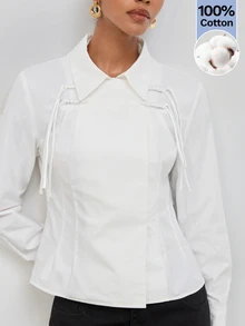 Maija Women's White Shirt Collar Long Sleeve Fitted Blouse - White - View 5