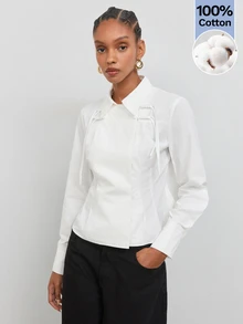 Maija Women's White Shirt Collar Long Sleeve Fitted Blouse - White - View 3