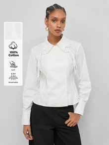 Maija Women's White Shirt Collar Long Sleeve Fitted Blouse - White - View 1