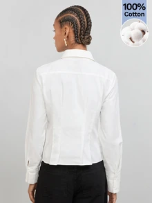 Maija Women's White Shirt Collar Long Sleeve Fitted Blouse - White - View 2