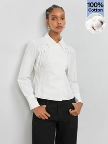 Maija Women's White Shirt Collar Long Sleeve Fitted Blouse - White - View 4