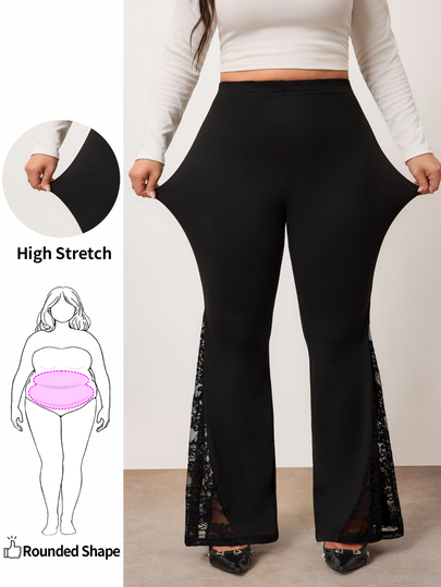Enliva Celana Panjang Model Lebar Kasual Elastis Ukuran Plus Musim Gugur/Dingin, Celana Panjang Model Lebar dengan Hiasan Renda untuk Musim Gugur