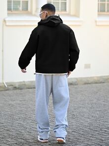 Devon Thys 男士休闲连帽双层设计，多功能运动休闲刺绣图案时尚ins风，适合所有季节，街头风，宽松，印花，情侣装，朋友装，表达爱意，街头风格，情侣装，双层连帽，半拉链，弹性抽绳下摆 - 黑色 - 查看 2