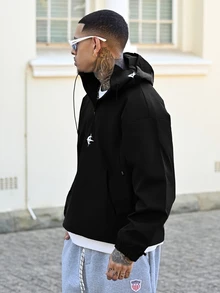 Devon Thys 男士休闲连帽双层设计，多功能运动休闲刺绣图案时尚ins风，适合所有季节，街头风，宽松，印花，情侣装，朋友装，表达爱意，街头风格，情侣装，双层连帽，半拉链，弹性抽绳下摆 - 黑色 - 查看 6