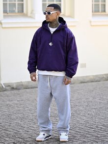Devon Thys 男士休闲连帽双层设计，多功能运动休闲刺绣图案时尚ins风，适合所有季节，街头风，宽松，印花，情侣装，朋友装，表达爱意，街头风格，情侣装，双层连帽，半拉链，弹性抽绳下摆 - 紫色 - 查看 1