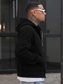 Devon Thys 男式纯色落肩长袖拉链休闲连帽衫 - 黑色 - 查看 5