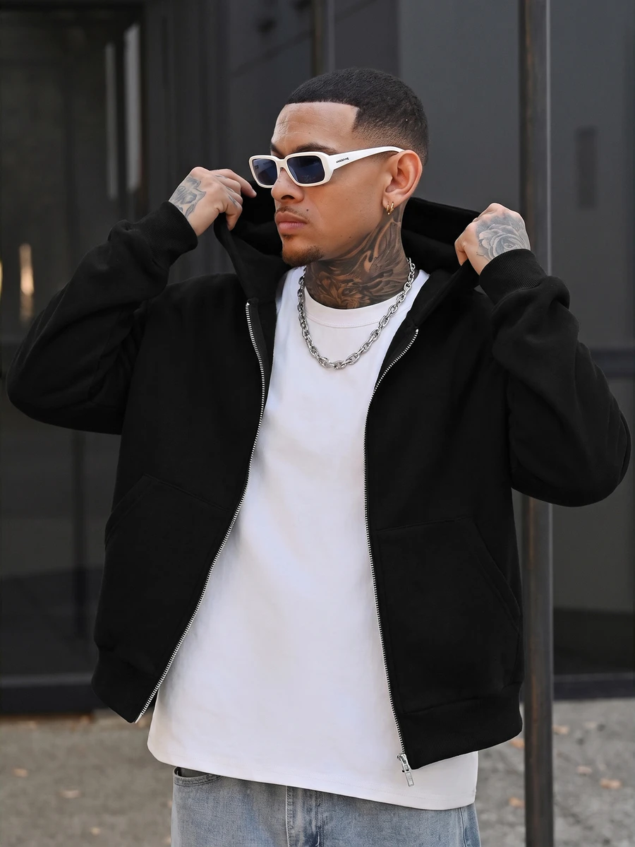 Devon Thys 男式纯色落肩长袖拉链休闲连帽衫 - 黑色 - 查看 1