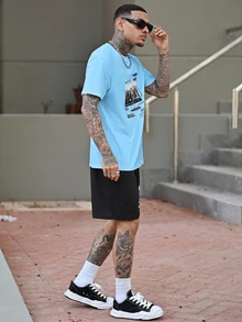 Devon Thys 男士标语印花圆领短袖休闲T恤和抽绳腰短裤套装男士两件套蓝色淡蓝色男士套装 - 彩色 - 查看 4