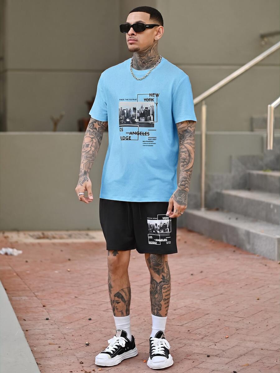 Devon Thys 男士标语印花圆领短袖休闲T恤和抽绳腰短裤套装男士两件套蓝色淡蓝色男士套装 - 彩色 - 查看 1
