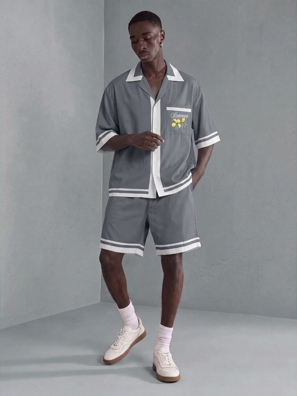 Sorrento Lemon Print Short Sleeve Button Down Shirt With Camp Collar White Contrast Trim And Chest Pocket Summer Holiday