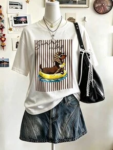 DrmWander 女款街頭風圖案短袖T恤上衣，可愛夏季上衣 - 白色 - 查看 1