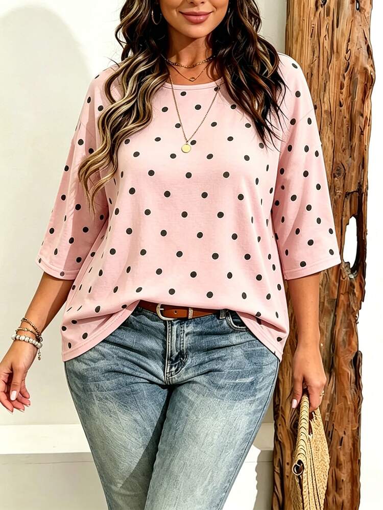 EMERY ROSE Plus Size Women's Casual Minimalist Polka Dot Print Drop Shoulder T-Shirt, Suitable For Summer Wear - Multicolor - View 3