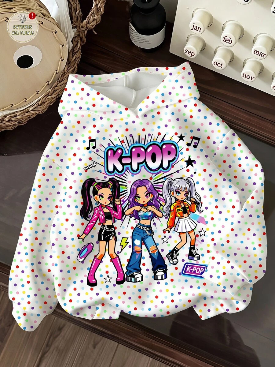 女嬰女童可愛卡通女團印花 K-Pop 超級巨星波點運動衫 - 彩色 - 查看 1
