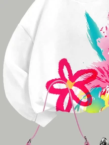Tween女孩可愛手繪花卉與愛心英文圖案奶油粉圓領衛衣＋鬆緊腰長褲套裝，適合秋冬保暖，日系可愛舒適秋冬新款 - 彩色 - 查看 8